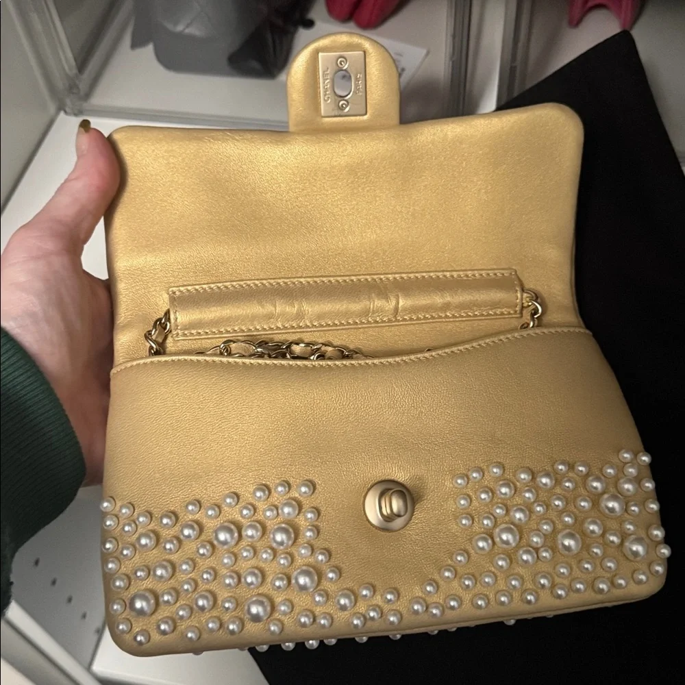 Authentic Rare Chanel Gold Pearl-Studded Flap Hand Bag